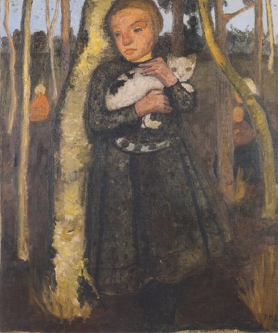 Ragazza nel bosco di betulle con gatto da Paula Modersohn Becker